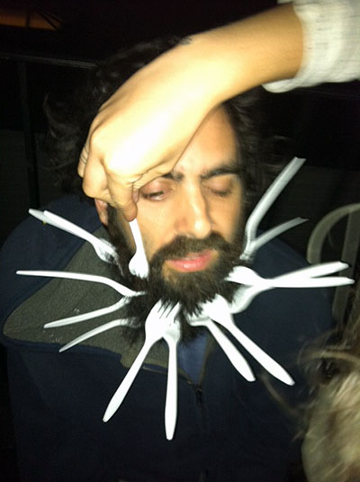 Noah Sparkes with forks in beard, photo by Eleni Kontos