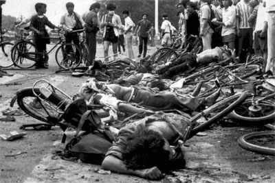 bodies of dead civilians lie among mangled bicycles near beijing's tiananmen  square