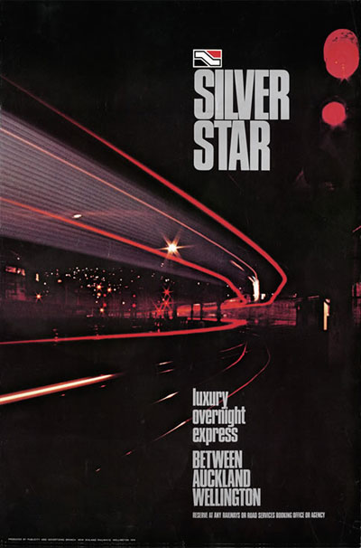 Poster for luxury all-sleeper Silver Star service, New Zealand, 1974