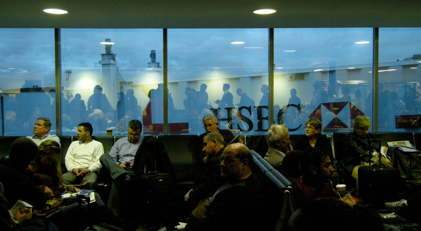 Plane boarding line for Detroit at LaGuardia Airport