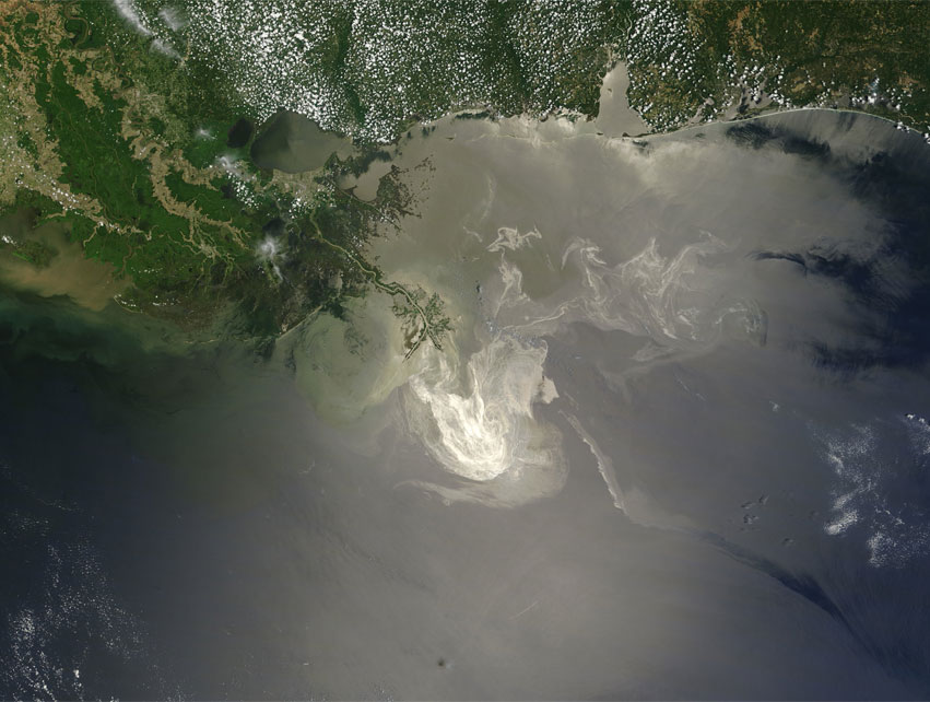 NASA satellite image of oil slick in the Gulf of Mexico from the Deepwater Horizon explosion.
