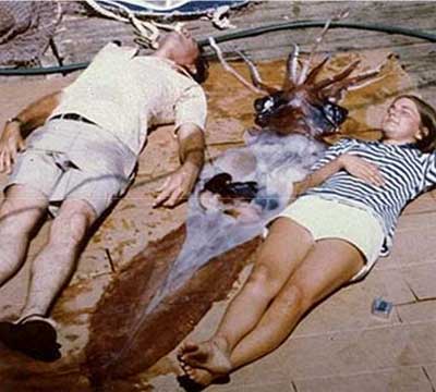 Gaint squid drying in the sun on boat deck with a man and woman lying besides it