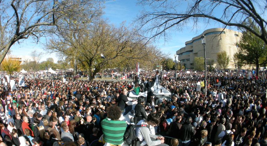View of the Rally to Restore Sanity from on top of porta-potty at the corner of Jefferson Dr and 4th St. Photo by Haoyan of America