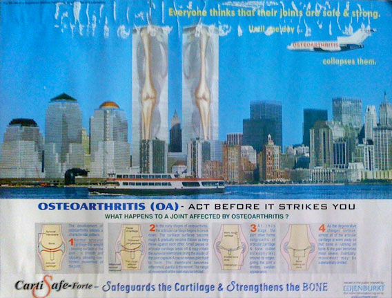 Osteoarthritis ad featuring a plane headed for the WTC Twin Towers