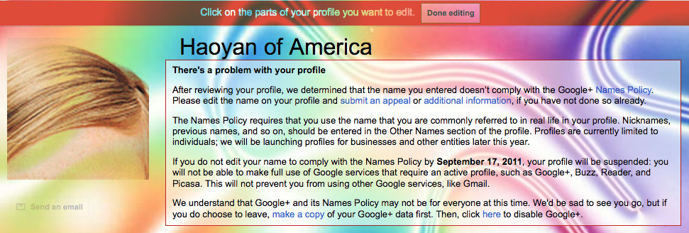 Haoyan of America Google Plus suspension