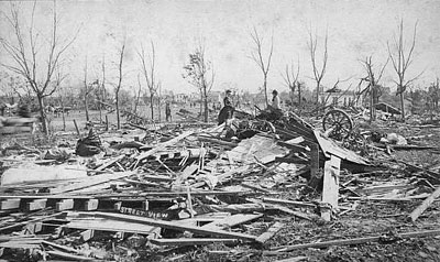 Damage from the Rochester, Minnesota tornado of 1883