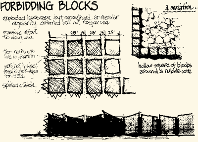 Forbidding Blocks, view 1 (concept and art by Michael Brill).